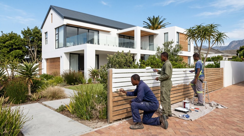 Professional fence painters painting a wooden fence at a coastal home in Hout Bay