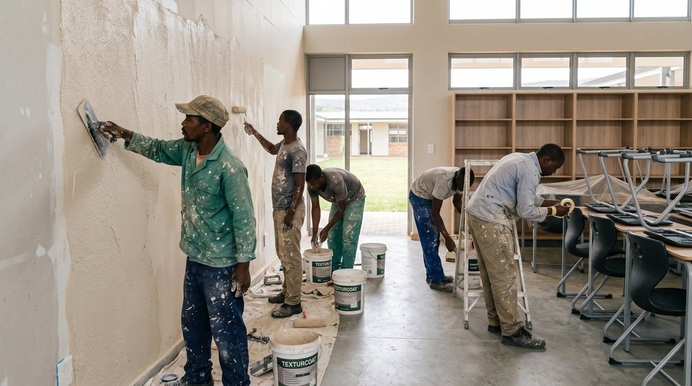 Professional texture coating team applying Texturcoat to interior walls in Hout Bay