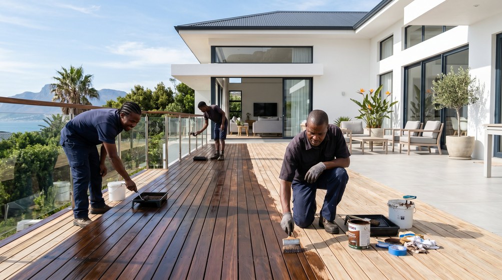 Professional wood staining team applying deck stain overlooking the ocean in Hout Bay